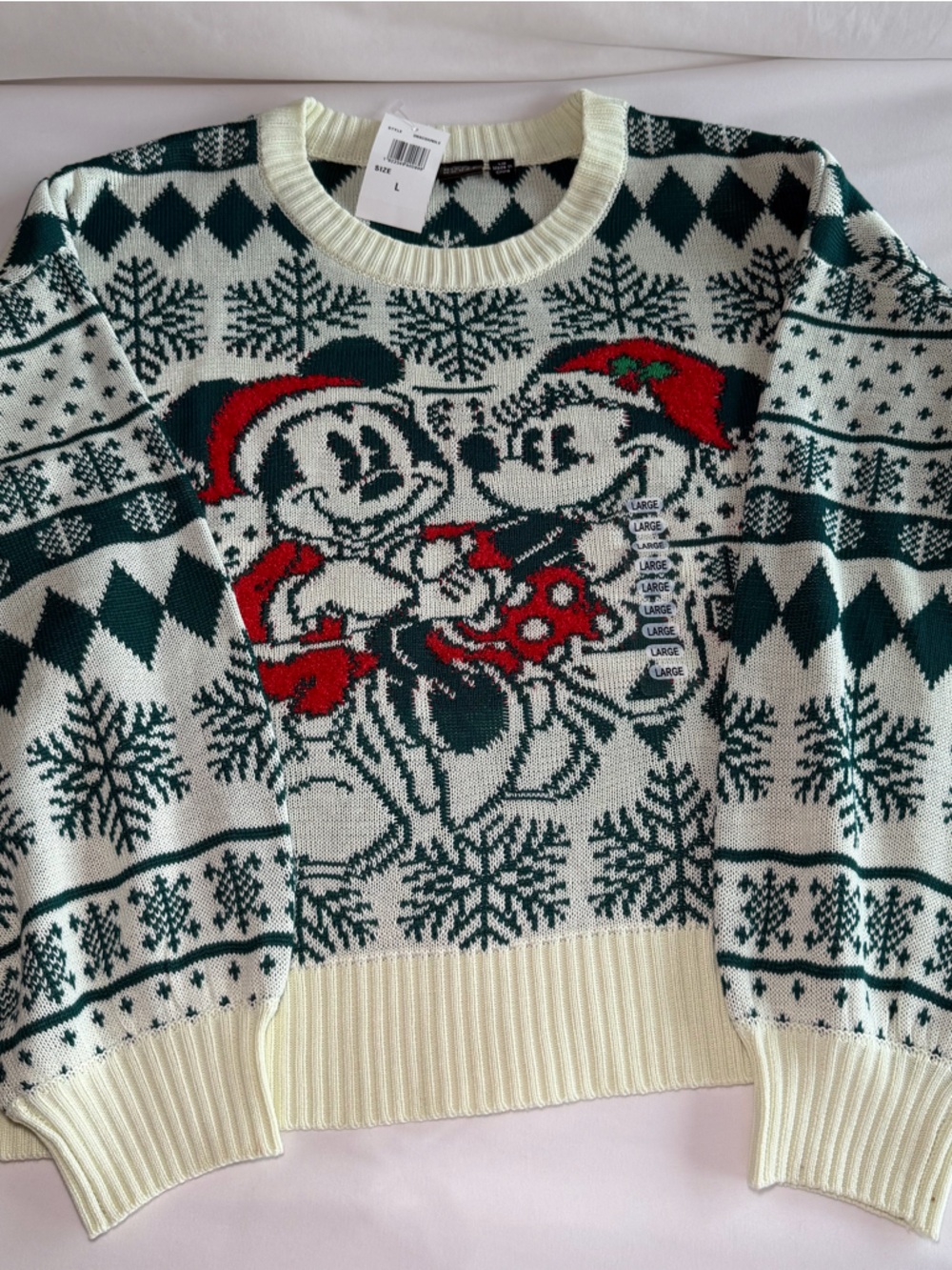 Disney Cream, Green & Red Mickey & Minnie Holiday Sweater